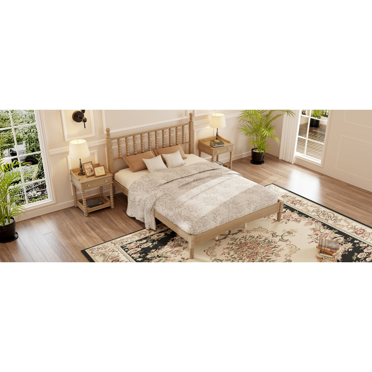 variant-group:rf-n733p206242m|Roomfitters Queen Size Wood Platform Bed with Gourd Shaped Headboard, Retro Style Platform Bed with Wooden Slat Support, Natural