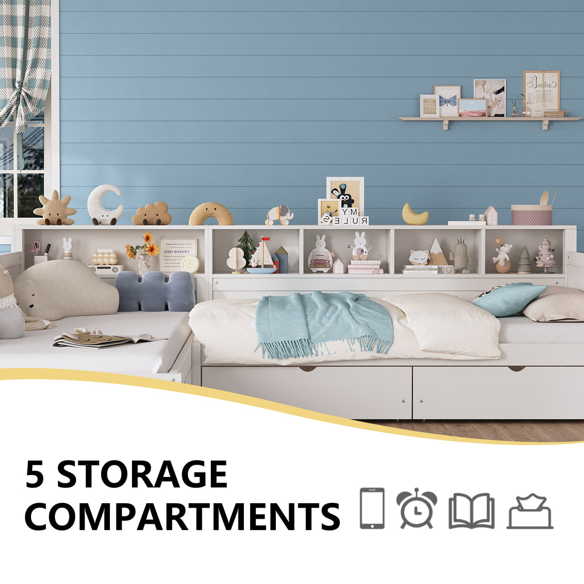 variant-group:rf-n733s369272k|Roomfitters Twin L-Shaped Daybed for 2 with 3 Storage Drawers, Wooden Corner Bed Frame with Bookshelf for Bedroom, White