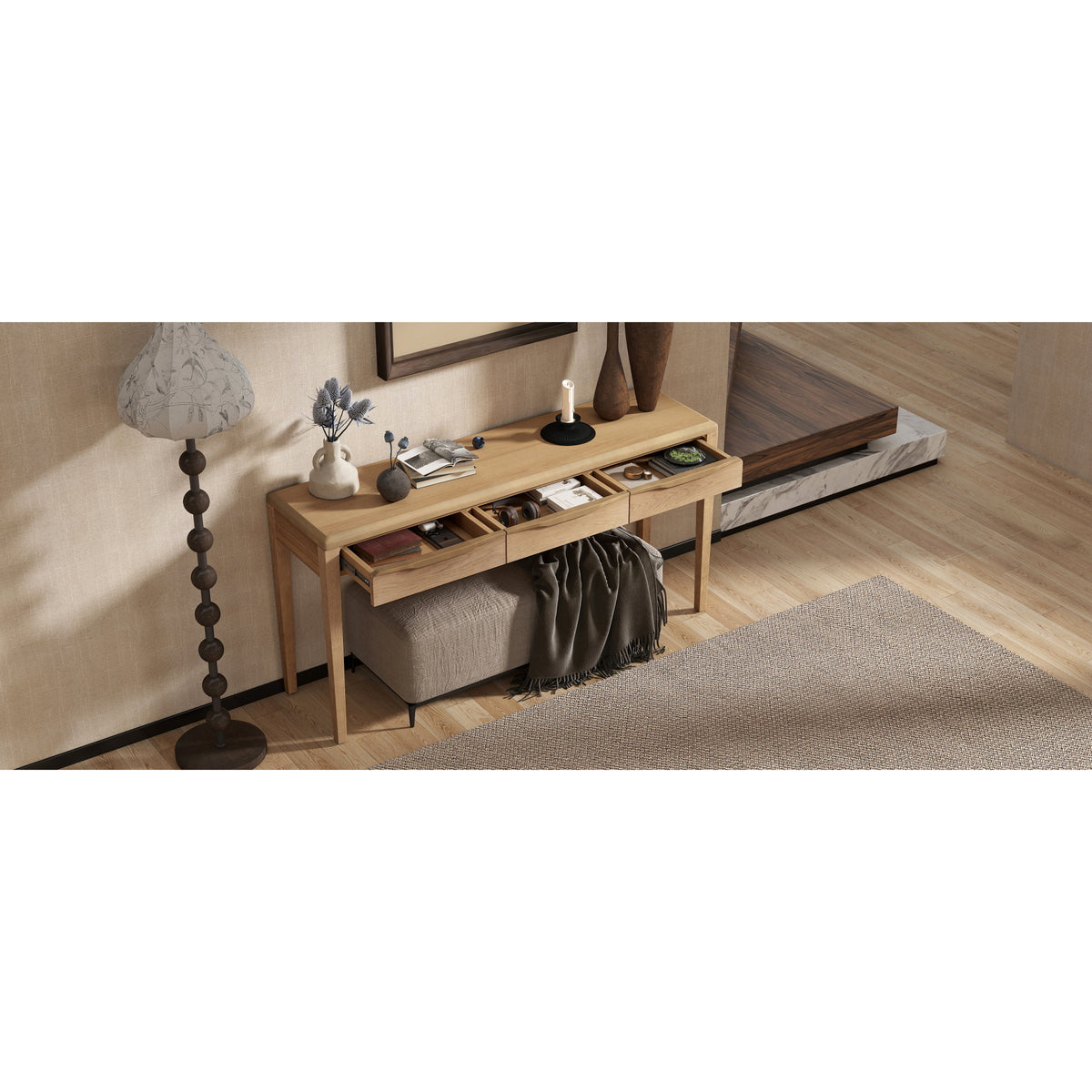 variant-group:rf-n711p401926n|Roomfitters Light Luxury Natural Oak Veneer Console Table with 3 Wavy Curved Drawers and Soft Rounded Corners