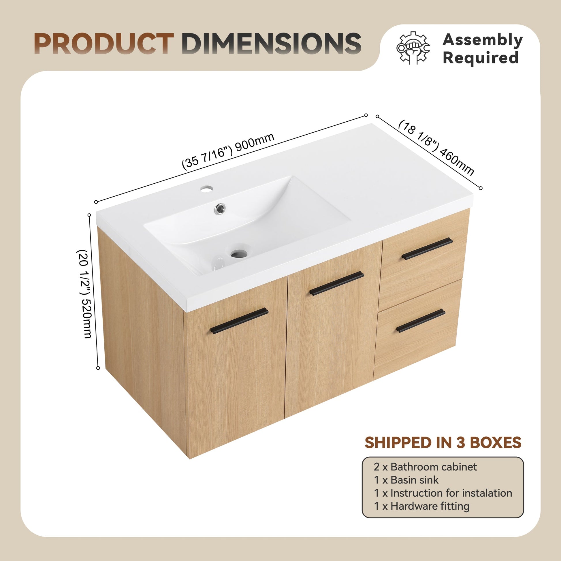 36" Wall-Mounted Floating Bathroom Vanity with Sink, Light Oak, 2-Door & 2-Drawer Modular Cabinet, Gel Coat Sink Top, 3 Boxes Roomfitters