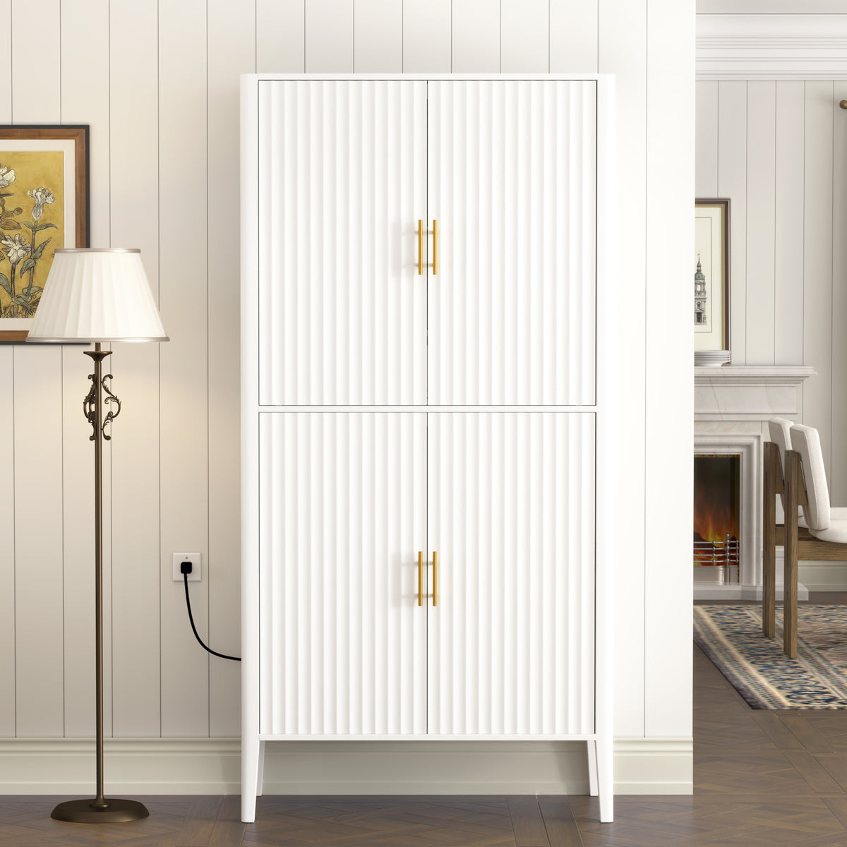 variant-group:rf-n711wy000539aak|Roomfitters Modern White Fluted 4-Door Tall Wine Bar Storage Cabinet, Glass Display Rack, Built-In LED Lighting