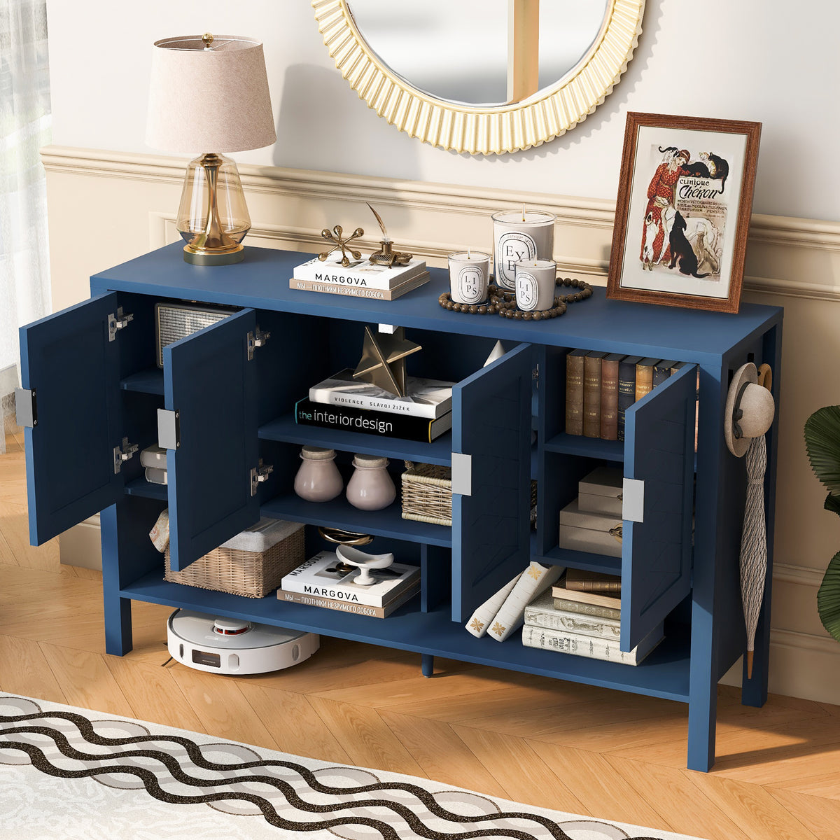 variant-group:rf-n711p345165v|Roomfitters Sideboard Buffet Cabinet with 4 Door Mid-century Modern Geometric Storage and Open Shelf for Kitchen & Dining, Blue