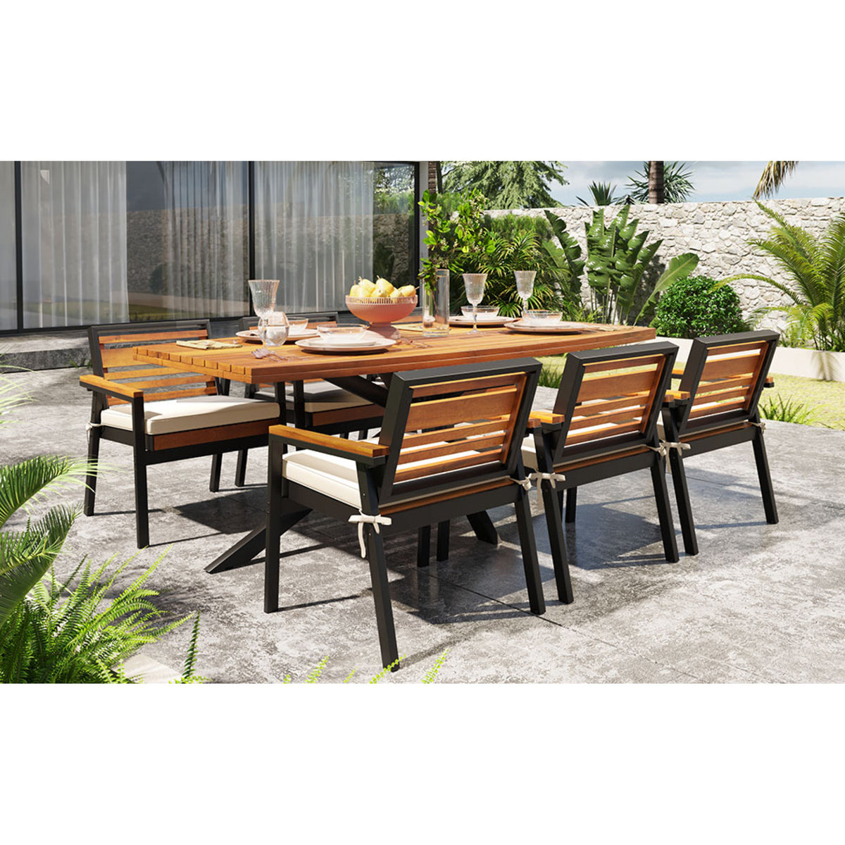 variant-group:rf-n704g201259a|Roomfitters Modern 7-Piece Patio Dining Set with Powder-Coated Iron Frame and Detachable Beige Cushions