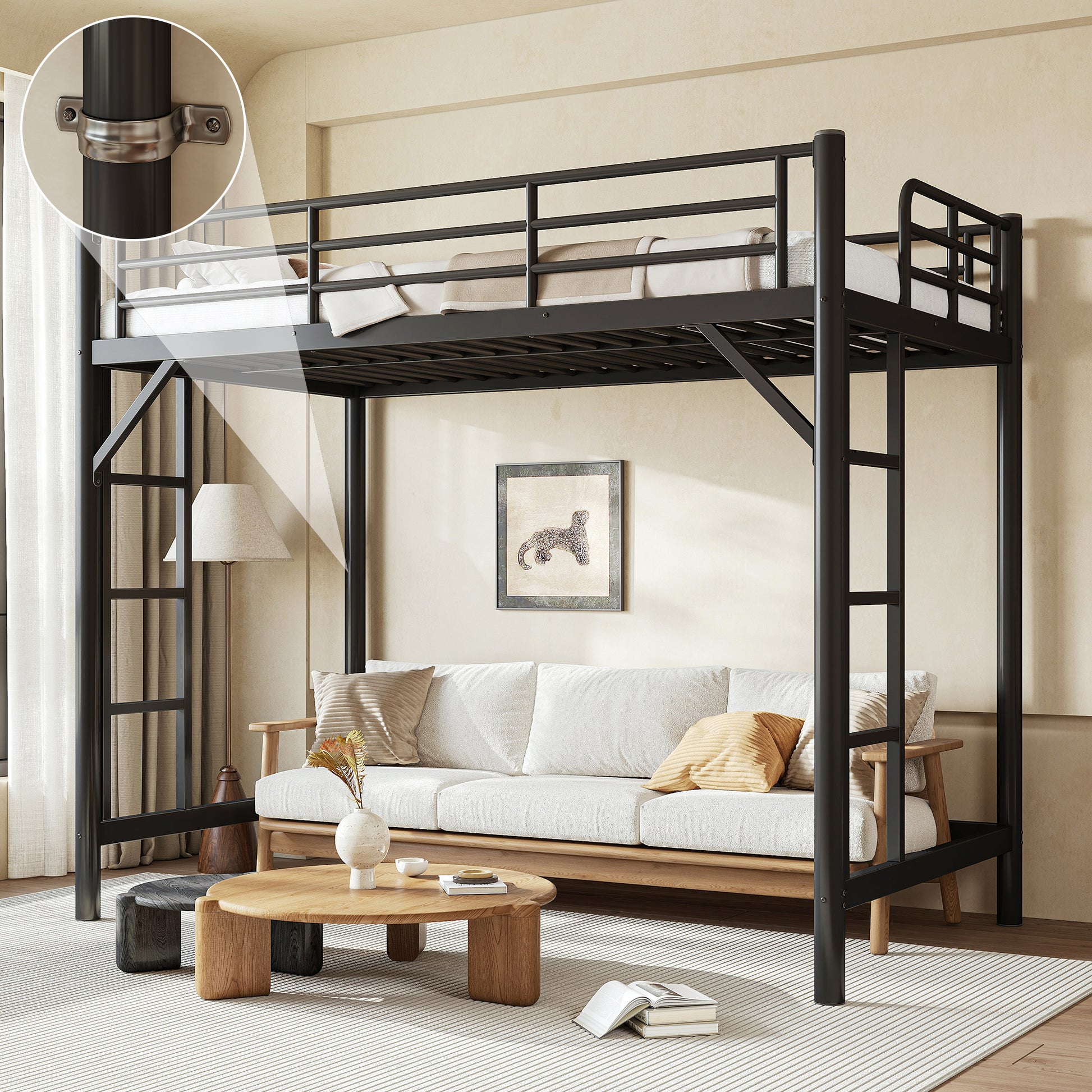 variant-group:rf-w1580p455013|Roomfitters Twin XL Size Metal Loft Bed Frame with Guardrails, Heavy Duty Space Saving High Loft Bed Dual Ladders, Black