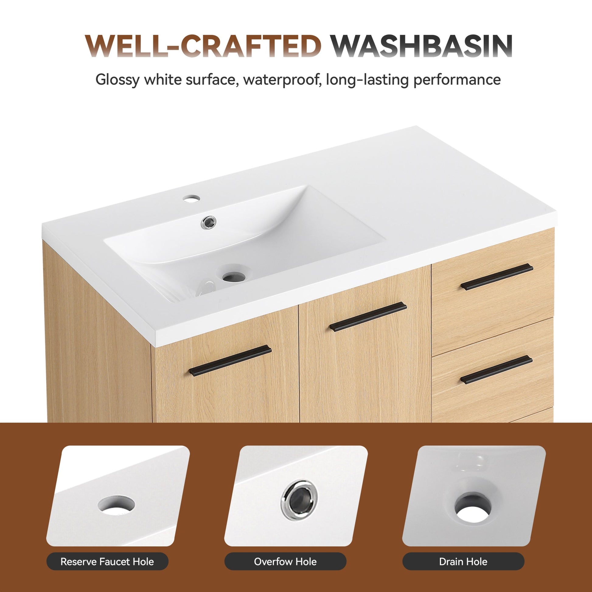 36" Modular Freestanding Bathroom Vanity with 36" Resin Sink Top, Light Oak, 2-Piece Cabinet (24" 2-Door + 12" 3-Drawer), KD Cabinet, Includes Black & Brushed Aluminum Handles Roomfitters