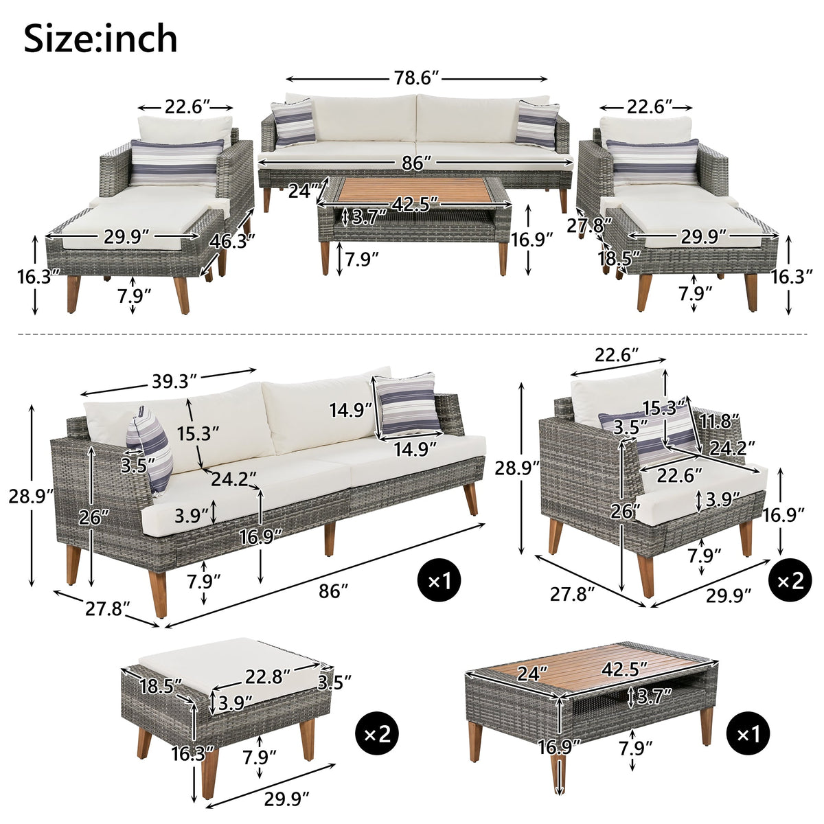 Roomfitters 6-Piece Outdoor Patio Furniture Set with Wicker Sofa, Armchairs, Ottomans and Coffee Table, Wood Legs, Gray+Beige Roomfitters