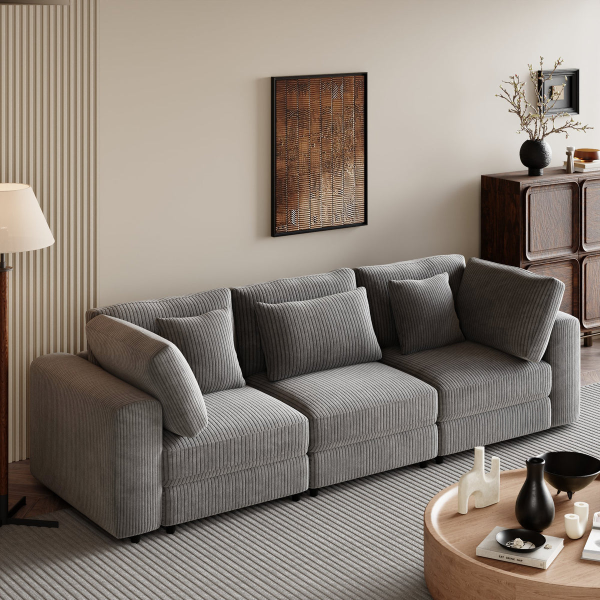 variant-group:rf-n711wy000403aae|Roomfitters 105" 3-Seater Sofa with Removable Back Cushions and 5 Pillows, Comfortable Couch for Living Room, Gray