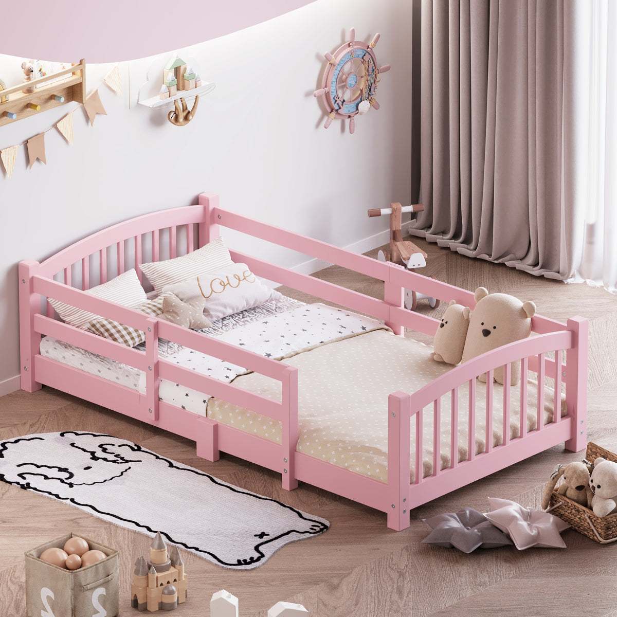variant-group:rf-n733p400298h|Roomfitters Twin Montessori Floor Bed with Guardrails, Solid Wood Low Platform Bed with Slats, Easy Assembly, Pink