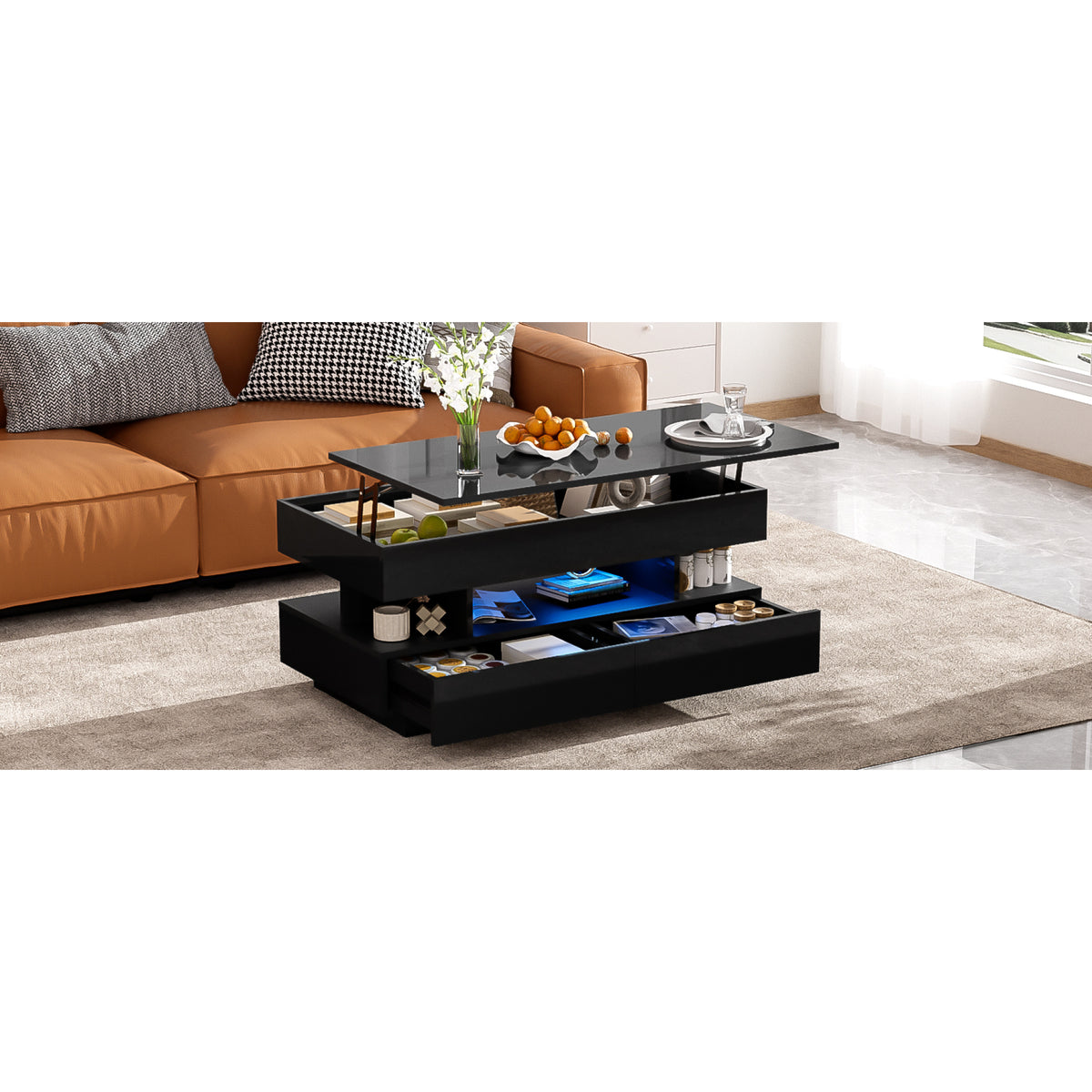 variant-group:rf-n724p290058b|Roomfitters Lift-Top Coffee Table with Hidden Storage and 2 Drawers, Multi-Functional Modern Table, Black
