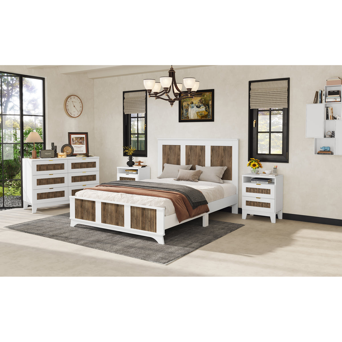 variant-group:rf-n733wf530906aak|Roomfitters Farmhouse Wooden Platform Queen Size Bed, Modern Platform Bed with Wooden Strip Decoration and Plywood Slats Support, White