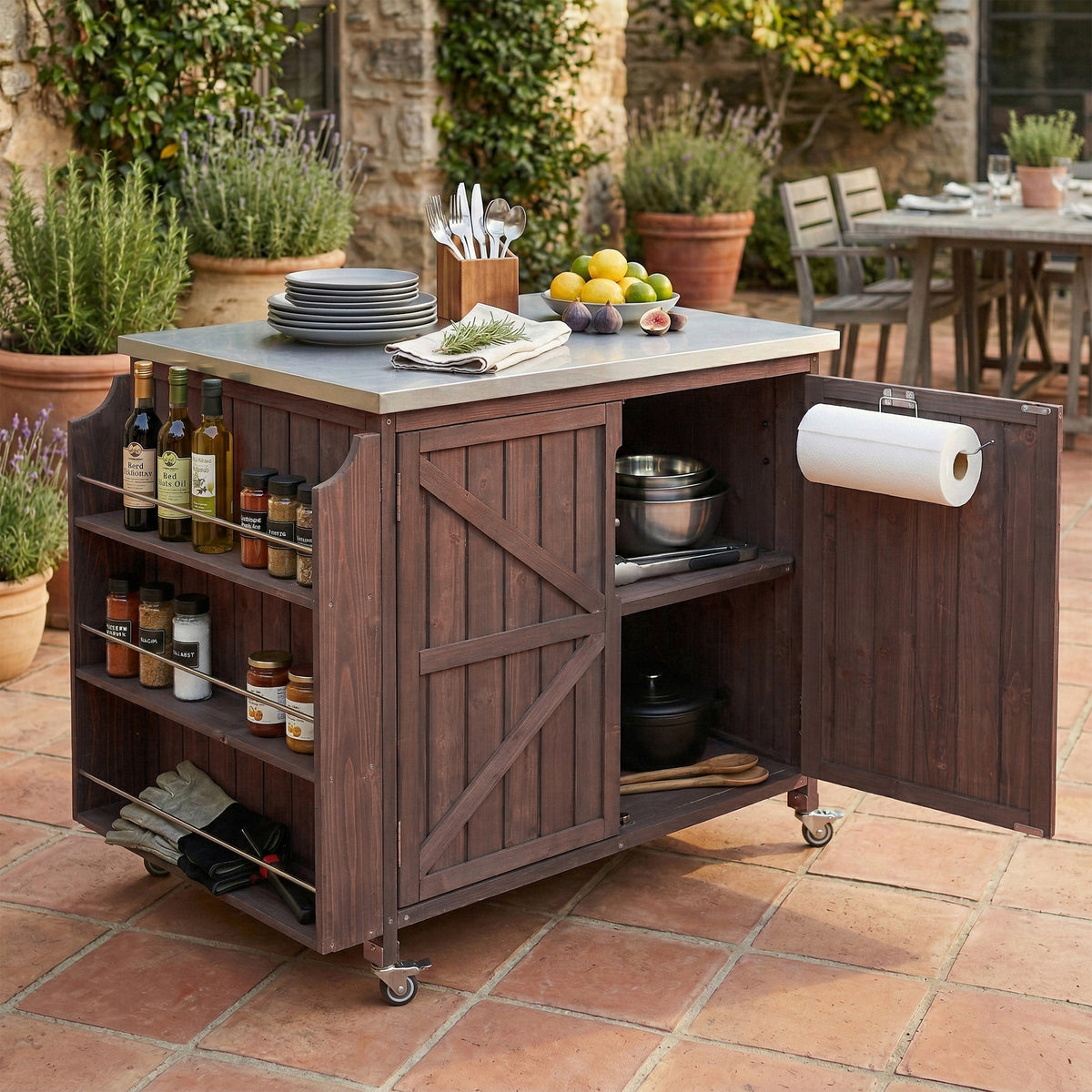 variant-group:rf-n707p370287z|Roomfitters 42.1" Grill Cart, Outdoor Kitchen Island with Stainless Steel Top, BBQ Prep Station with Spice Rack, Dark Brown