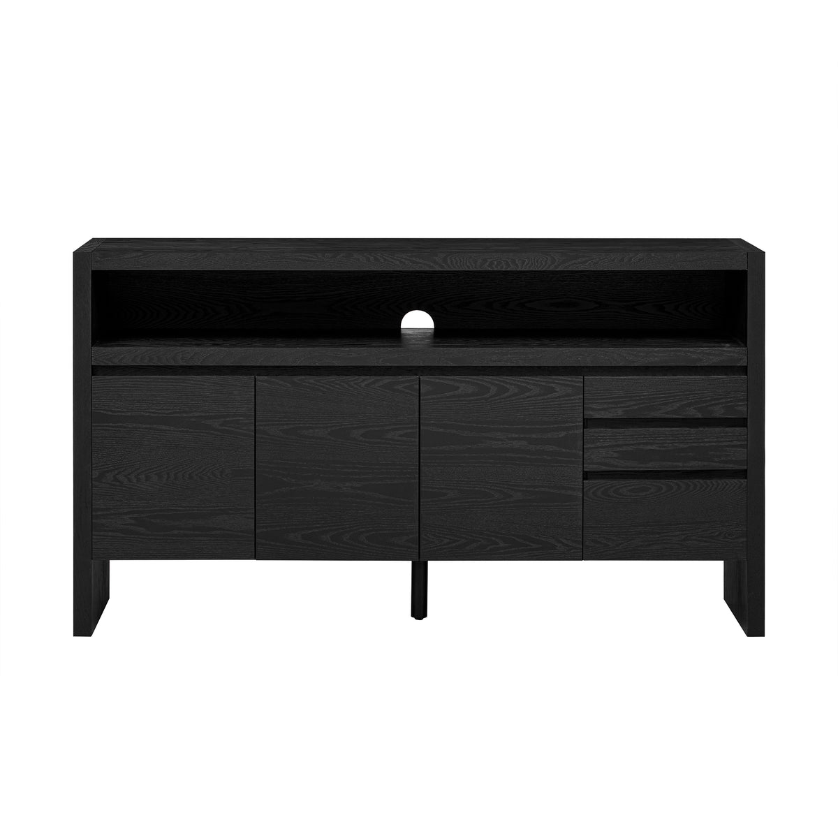 variant-group:rf-n711p289141b|Roomfitters 60" Modern Solid Wood Veneer Sideboard with 3 Doors & 3 Drawers, Open Shelf & Cable Cutout, Large Storage Cabinet for Dining, Hallway, Living Room, Black