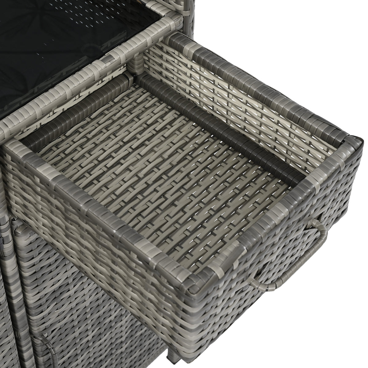 variant-group:rf-n707p233745g|Roomfitters 47.5" Wicker Outdoor Storage Cabinet, Rattan Bar Table with Glass Top, Adjustable Shelf, 3 Doors, Grey