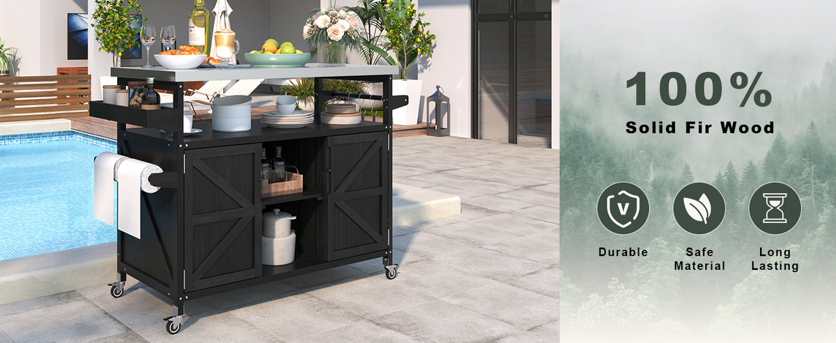 Roomfitters Outdoor Kitchen Island, Rolling Bar Cart with Storage Cabinet, Wood Grill Table, Stainless Steel Top, Spice Rack, Black