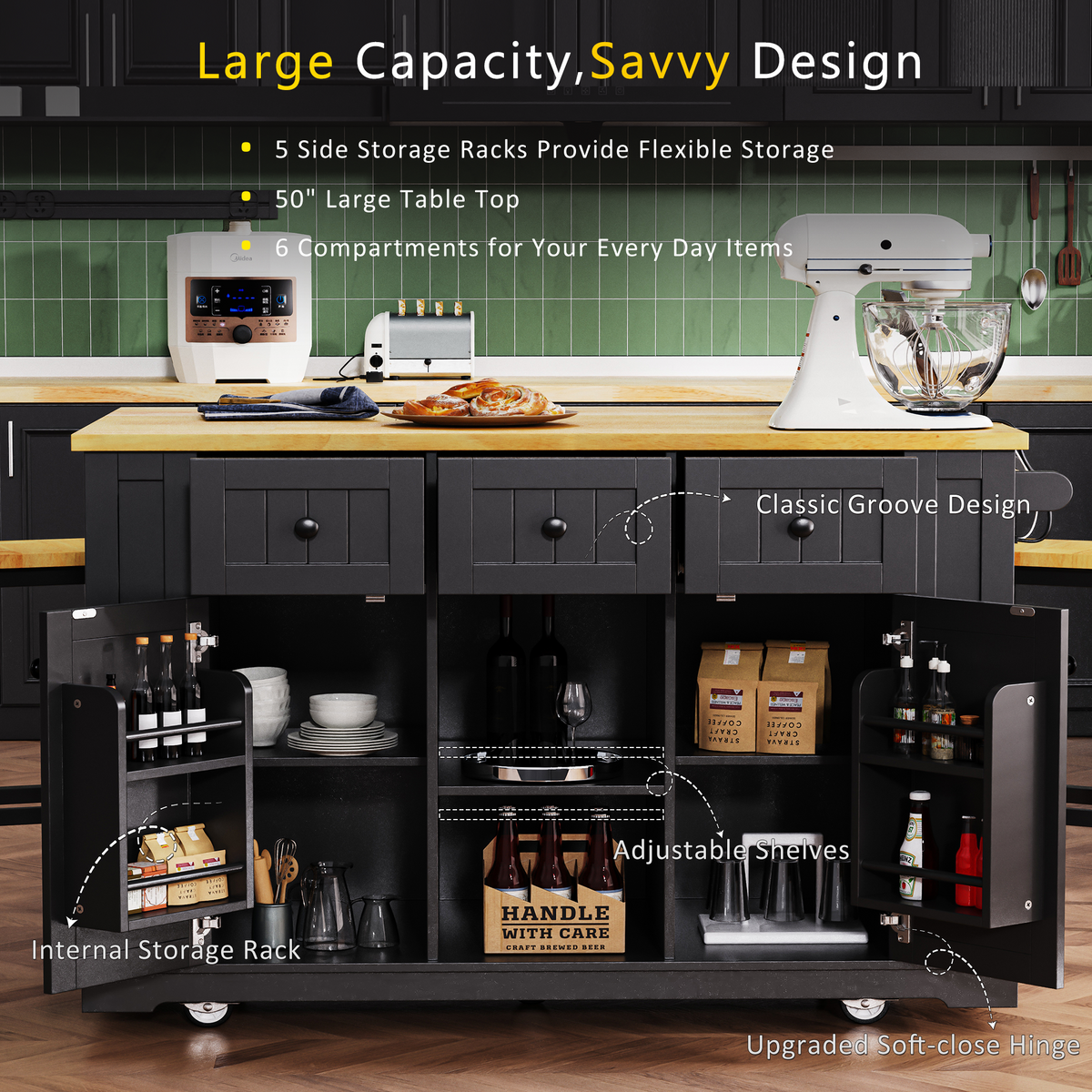 variant-group:rf-n707s003007b|Roomfitters 53" Kitchen Island with 2 Bar Stools, Drop Leaf, Power Outlet, Rolling Kitchen Cart Set with Storage, Black
