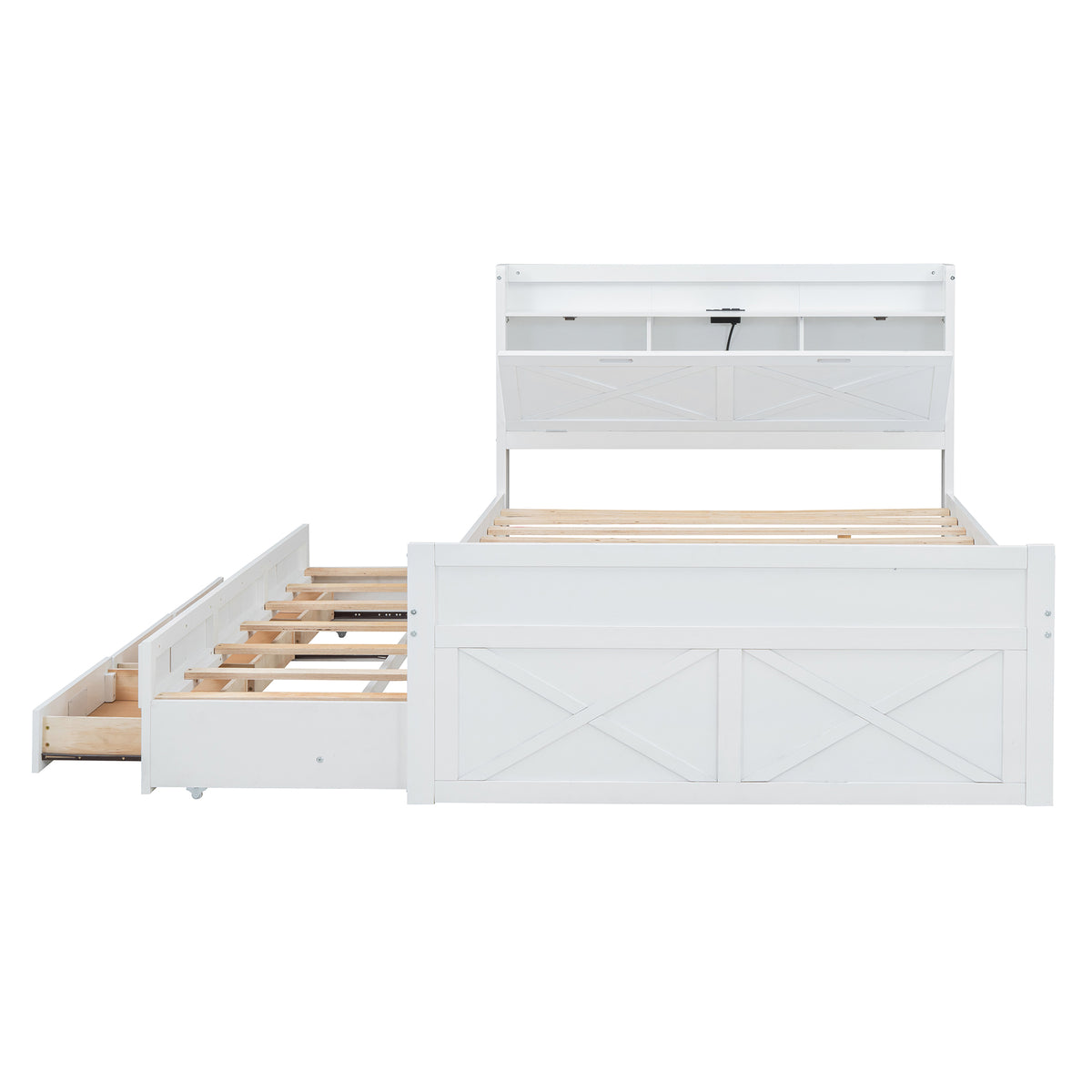 variant-group:rf-n733s172712k|Roomfitters Full Size Wooden Bed with Storage Headboard, Integrated Outlets, Extendable Frame with Twin Trundle and Additional Storage, White