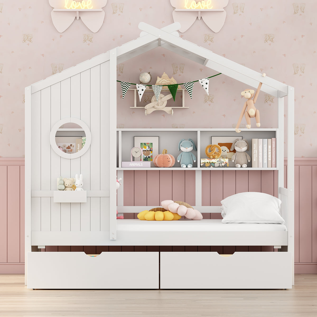variant-group:rf-n733s308483k|Roomfitters Wooden Twin Size House Bed with 2 Drawers and Storage Shelf, White