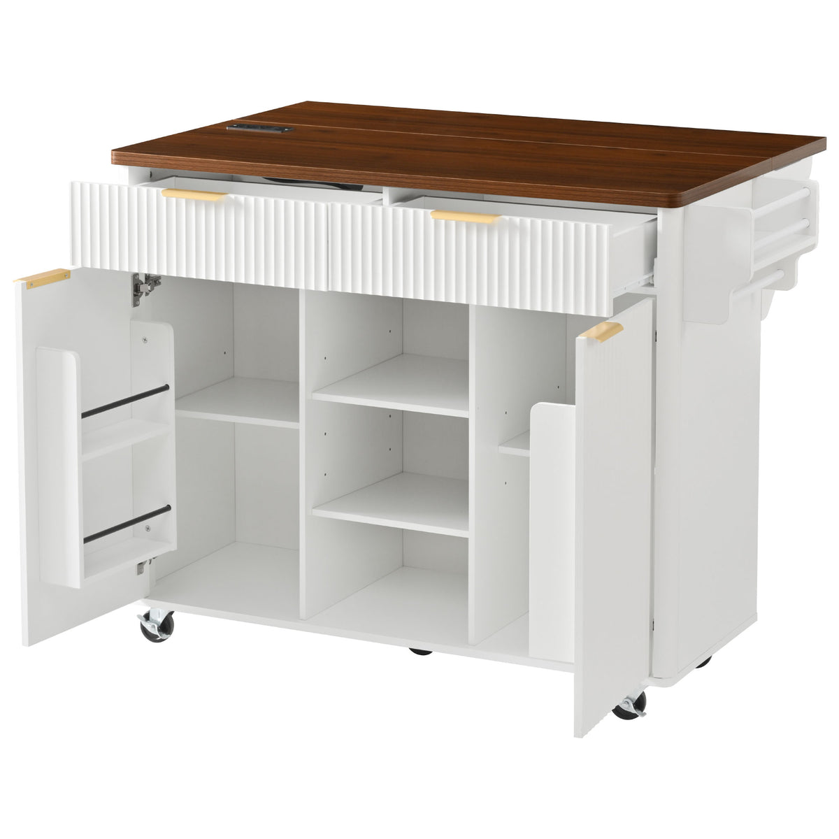 variant-group:rf-n707s000019w|Roomfitters 52" Fluted Kitchen Island with Drop Leaf, Power Outlet & Walnut Wood-Grain Top, White
