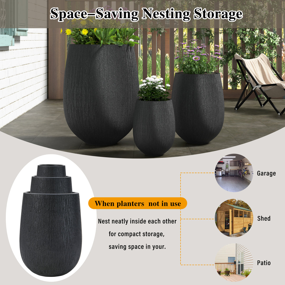 variant-group:rf-n711p406659b|Roomfitters Modern Egg-Shaped MGO Planter Set, 3-Piece Textured Faux Stone Flower Pots, Black Patio Garden Urns