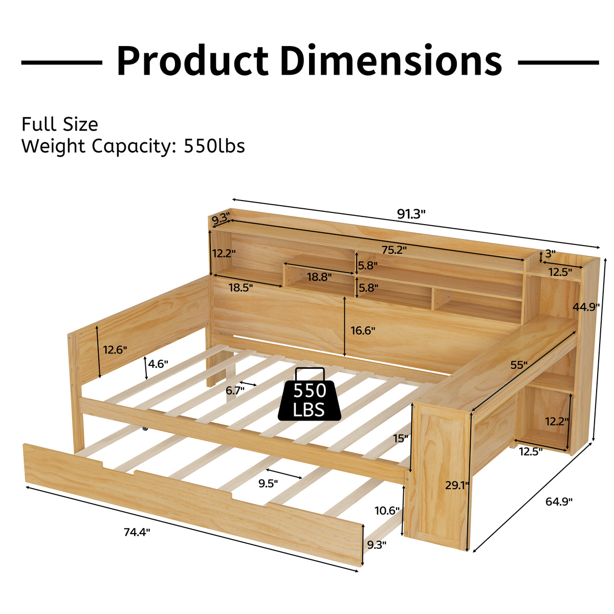 variant-group:rf-n733s373391m|Roomfitters Full Daybed with Twin Trundle, Storage Shelves and Desk, Wooden Multi-Functional Bed, Natural