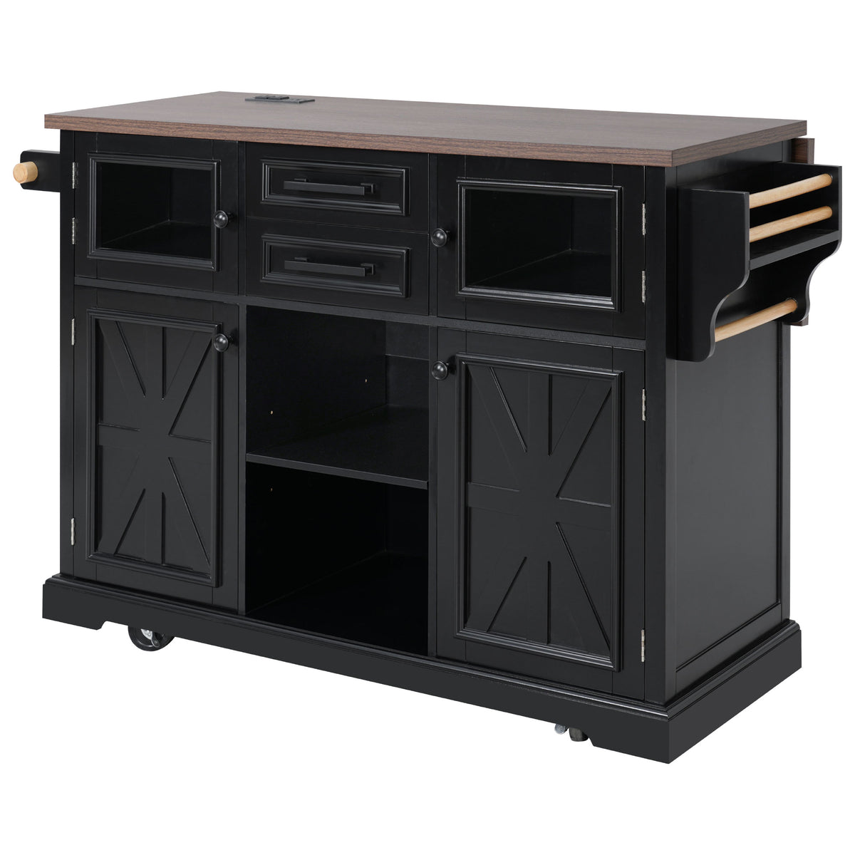 variant-group:rf-n707s300277b|Roomfitters 54.9" Kitchen Island with Drop Leaf, Rolling Kitchen Cart with Barn Door and Glass Door, Storage Cabinet, Black