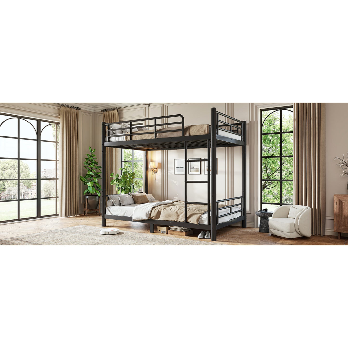 variant-group:rf-w1580p454721|Roomfitters Twin XL over Twin XL Metal Bunk Bed Frame for Teens Adults, Convertible 2 Separate Beds Round Tube, Black