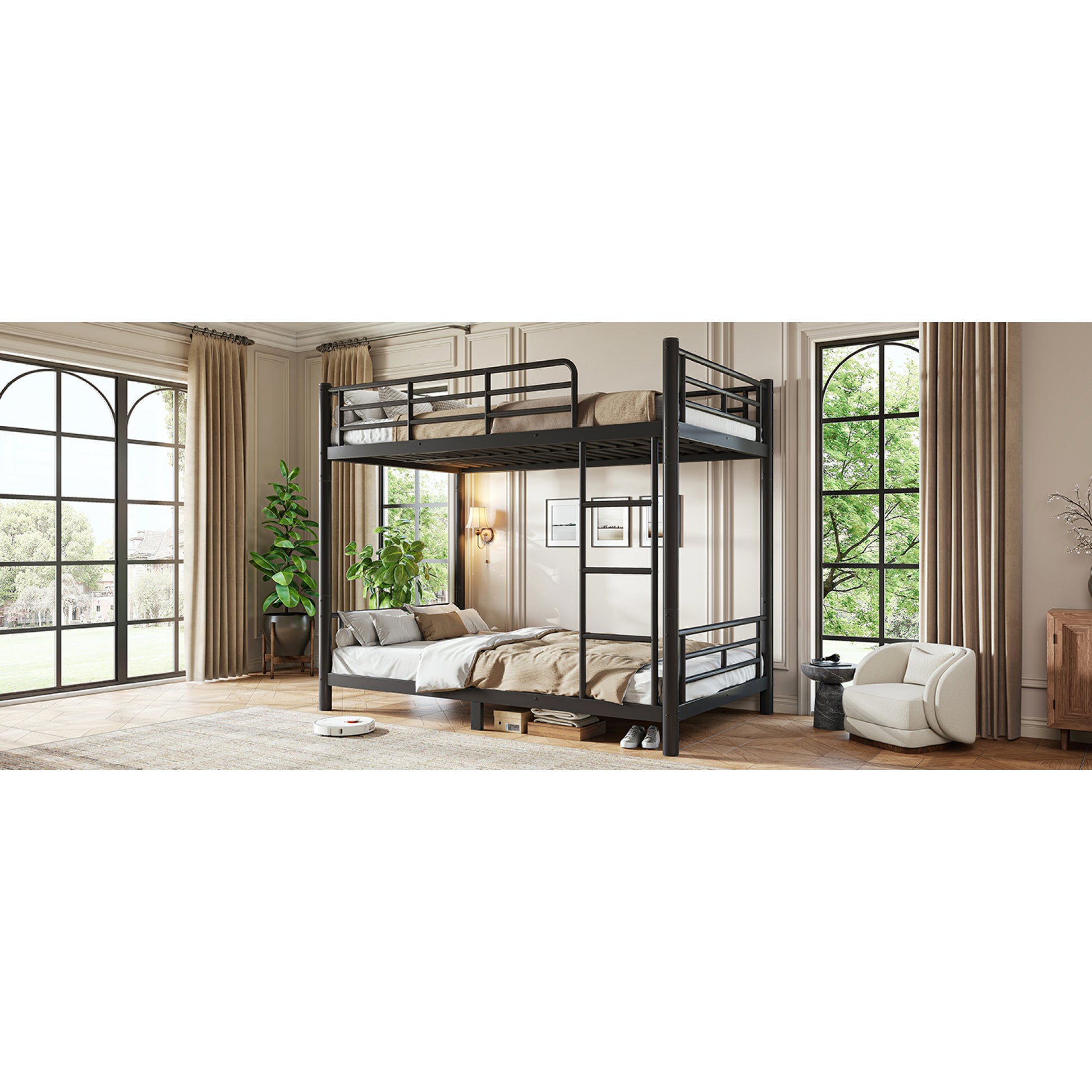 variant-group:rf-w1580p454721|Roomfitters Twin XL over Twin XL Metal Bunk Bed Frame for Teens Adults, Convertible 2 Separate Beds Round Tube, Black