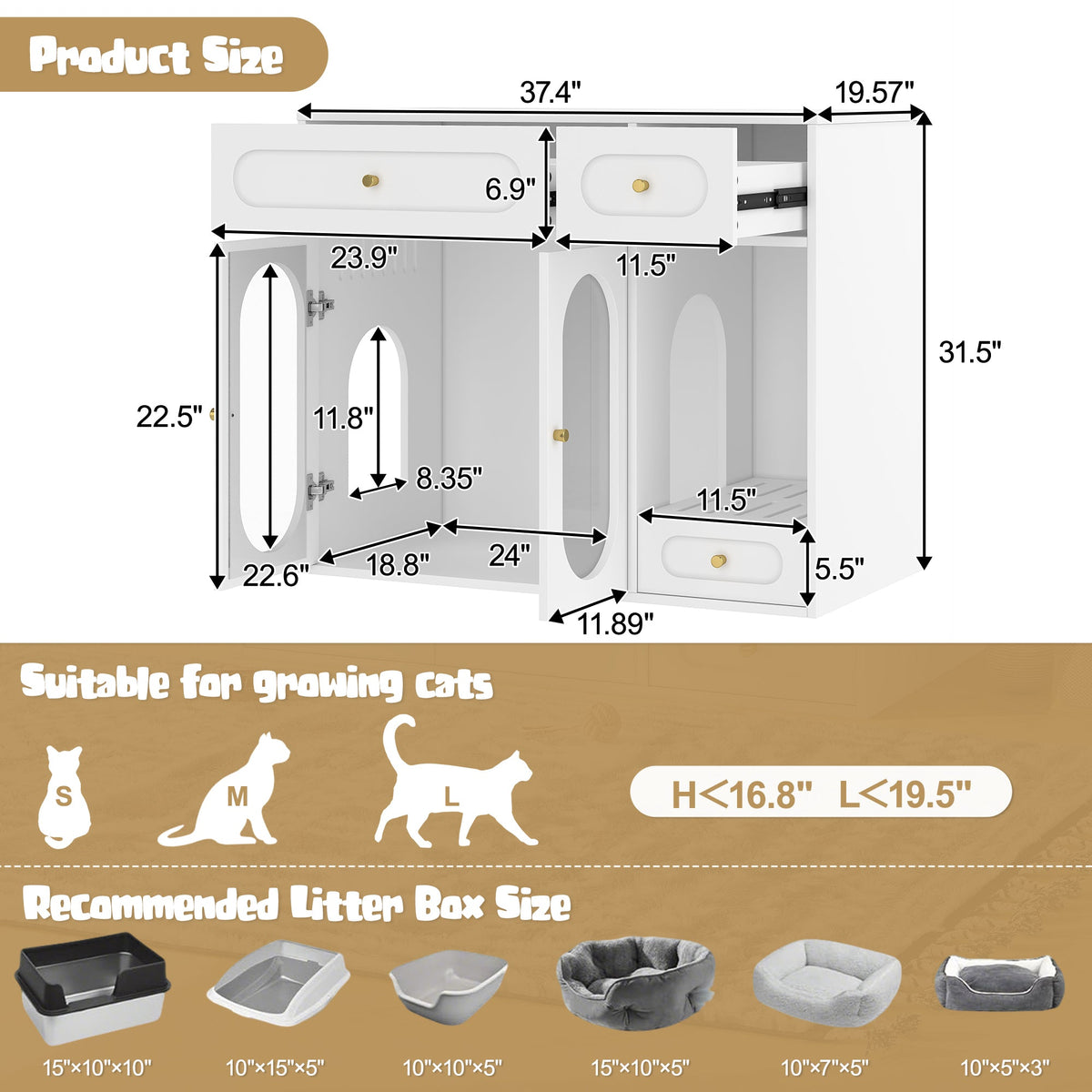 Roomfitters White Chic Sideboard Style Cat Litter Box Enclosure Cabinet with App Controlled LED Lighting Roomfitters