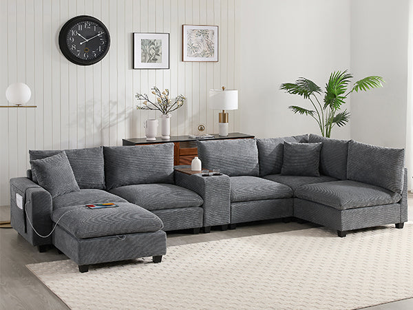 variant-group:rf-n723s1166e|Roomfitters 139 Inch U-Shaped Modular Sectional Sofa with Storage Console, Cup Holders and USB Ports for Living Room, Gray
