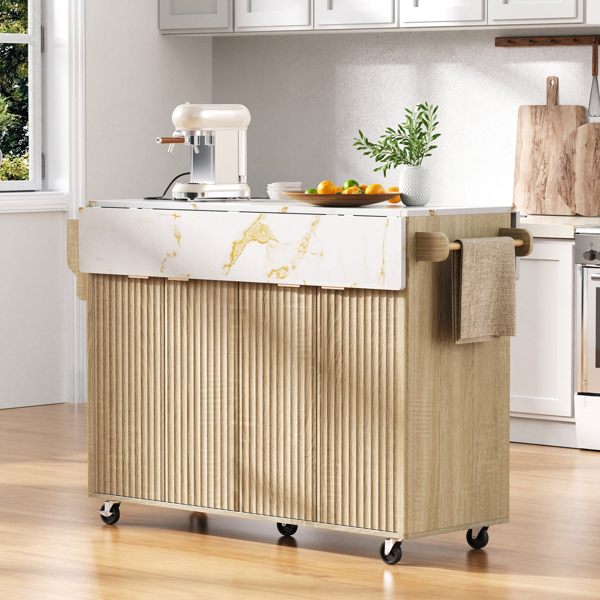 variant-group:rf-n707p353934y|Roomfitters 55.5" Fluted Kitchen Island with Double Drop Leaf, Natural Storage Cart with Power Outlet & Faux Marble Top
