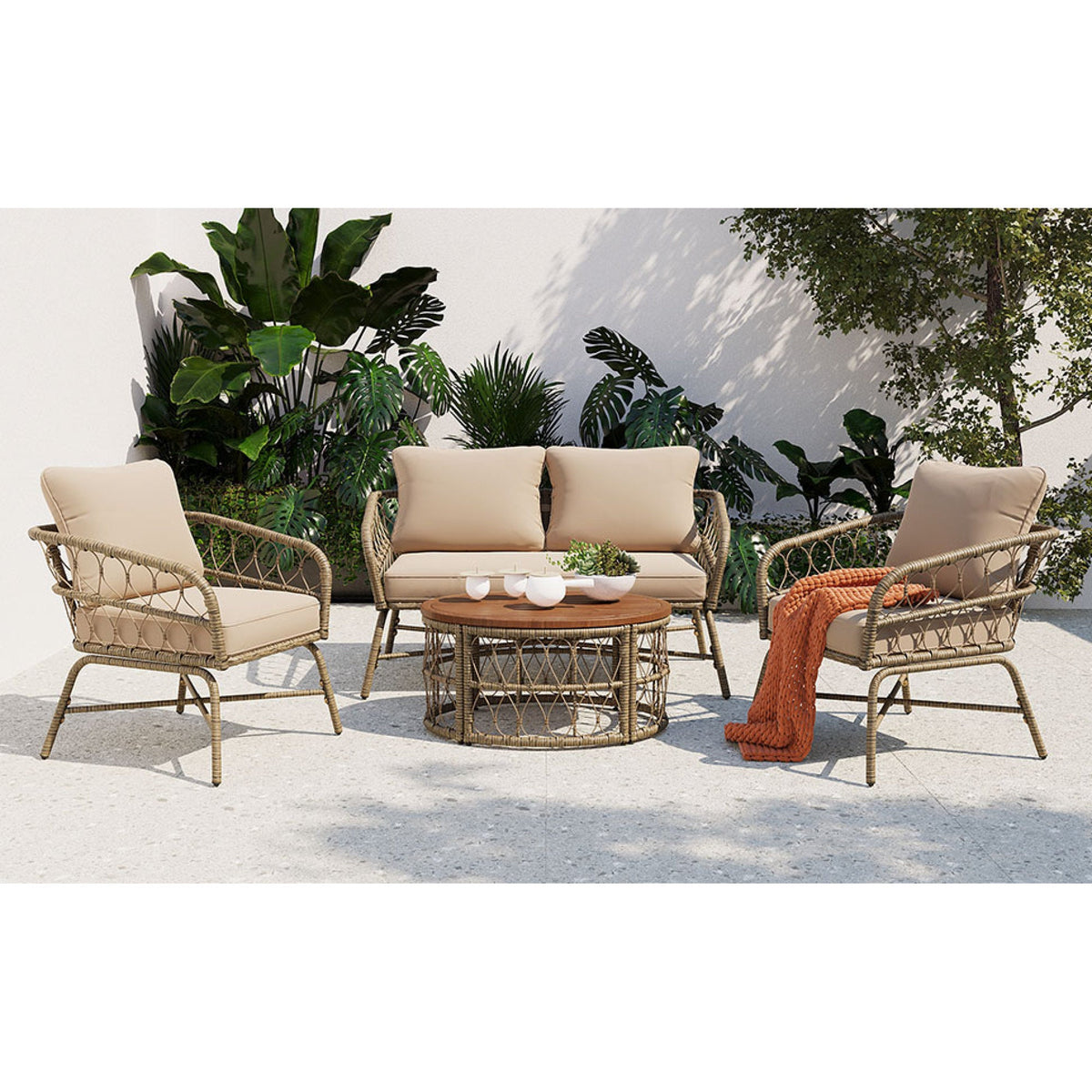 Roomfitters Bohemia-Inspired 4-Person Outdoor Seating Group with Removable Cushions, Conversation Patio Set with Wood Tabletop, Beige Roomfitters