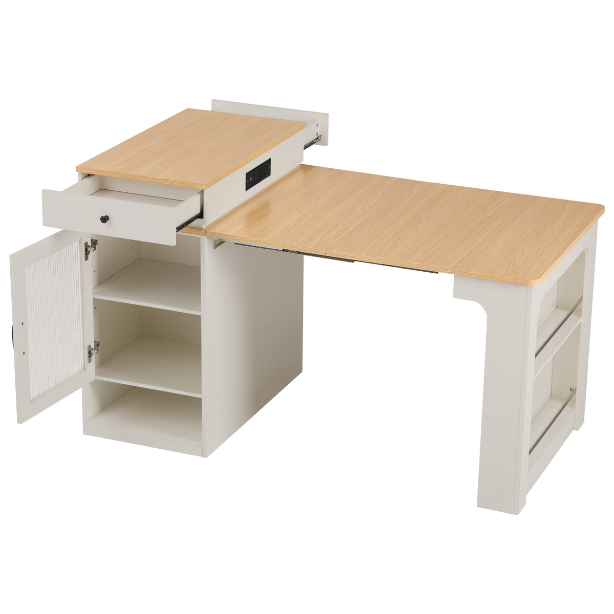variant-group:rf-n707s000017w|Roomfitters 59.5" Kitchen Island with 41.8" Extendable Dining Table, Double-Sided Storage, Power Outlet, 2 Drawers, White