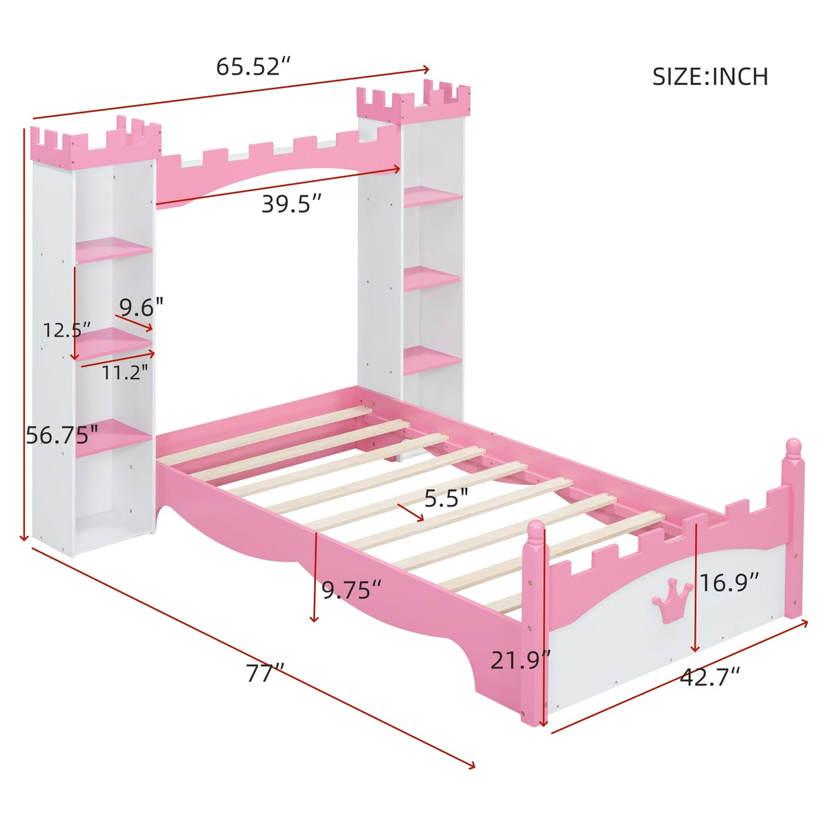 Roomfitters Castle-Shaped Wooden Bed with Storage Shelf, Dreamy Twin Size Platform Bed with Charming Aesthetic, White+Pink