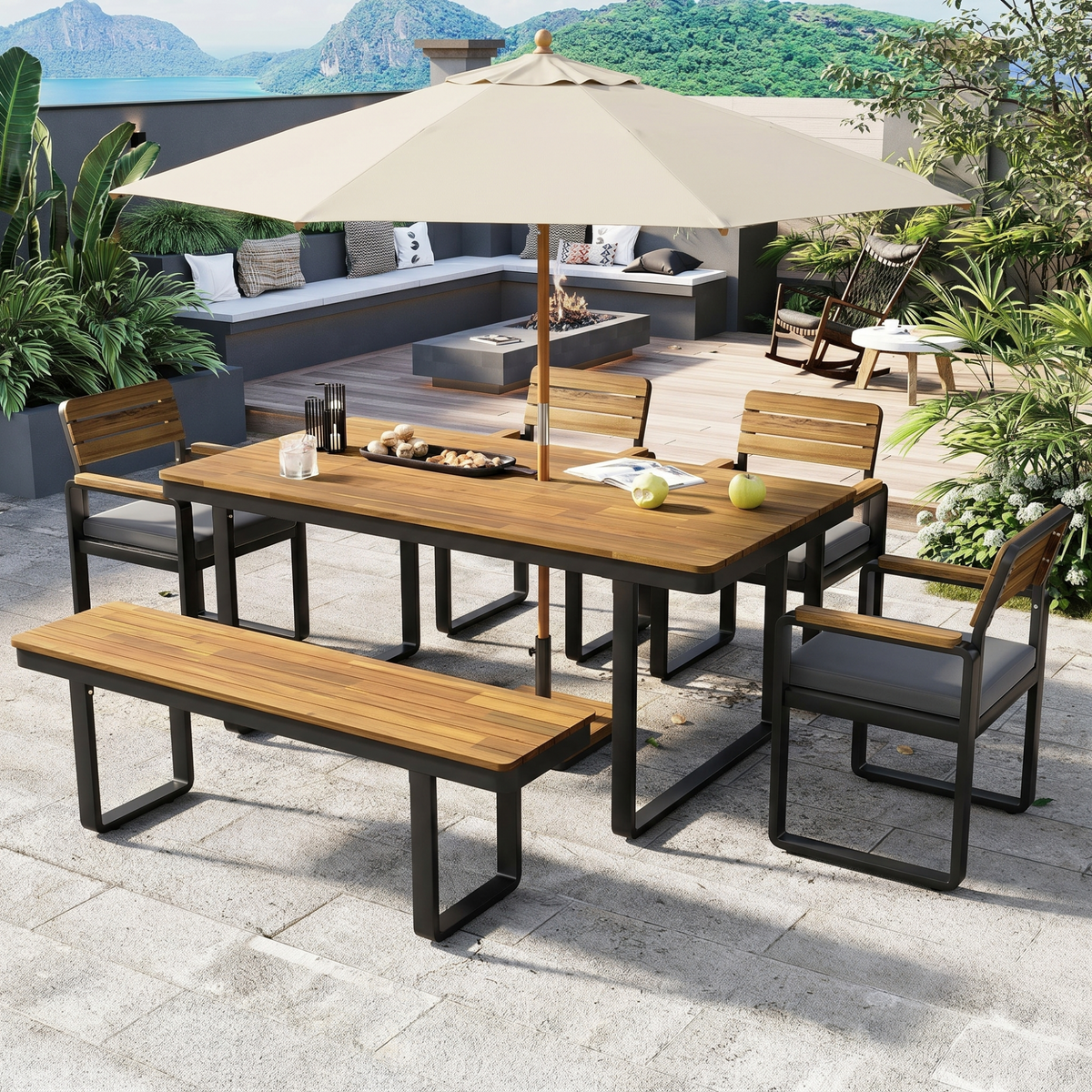 variant-group:rf-n704g201255e|Roomfitters 6-Piece Solid Acacia Wood Patio Dining Set with Steel Frames and Cushion Chairs Gray