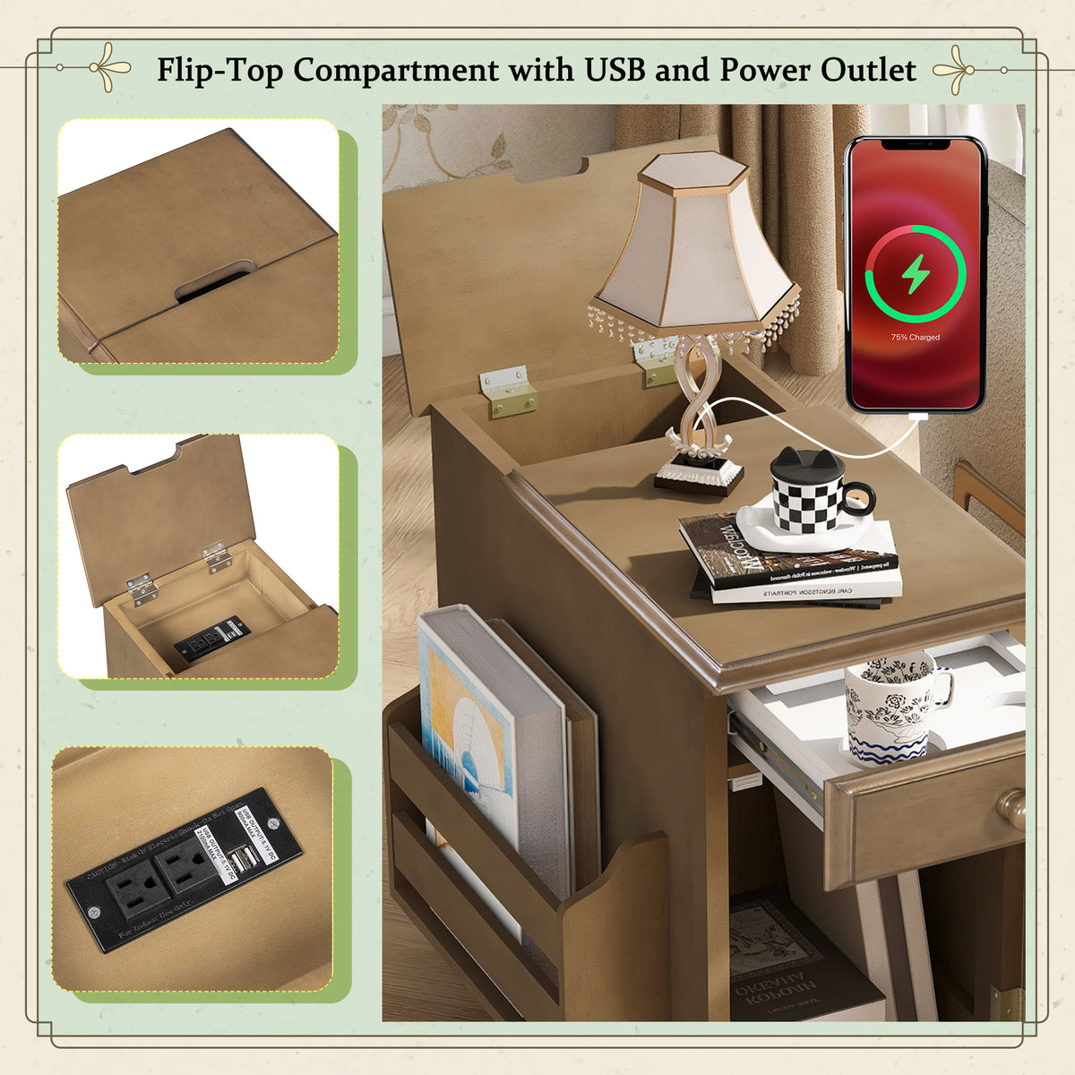 variant-group:rf-n724p293133d|Roomfitters Vintage Sofa Side Table with USB Ports, Flip Top, Cup Holders and Bookshelf Storage for Small Spaces, Brown