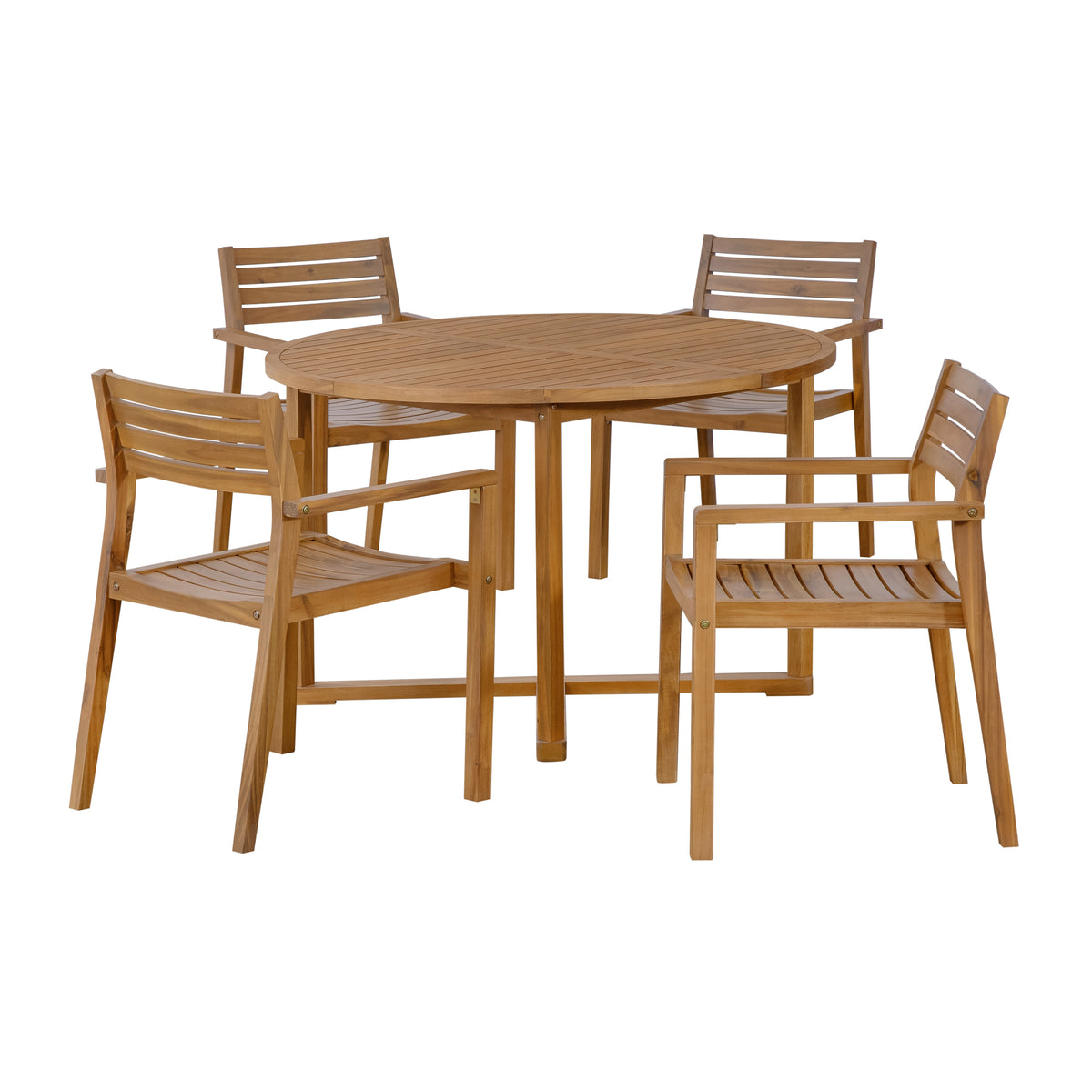variant-group:rf-n711wy000475aao|Roomfitters 5-Piece Outdoor Dining Set for 4, 47.2-Inch Round Acacia Wood Table, Natural Brown Slatted Patio Group