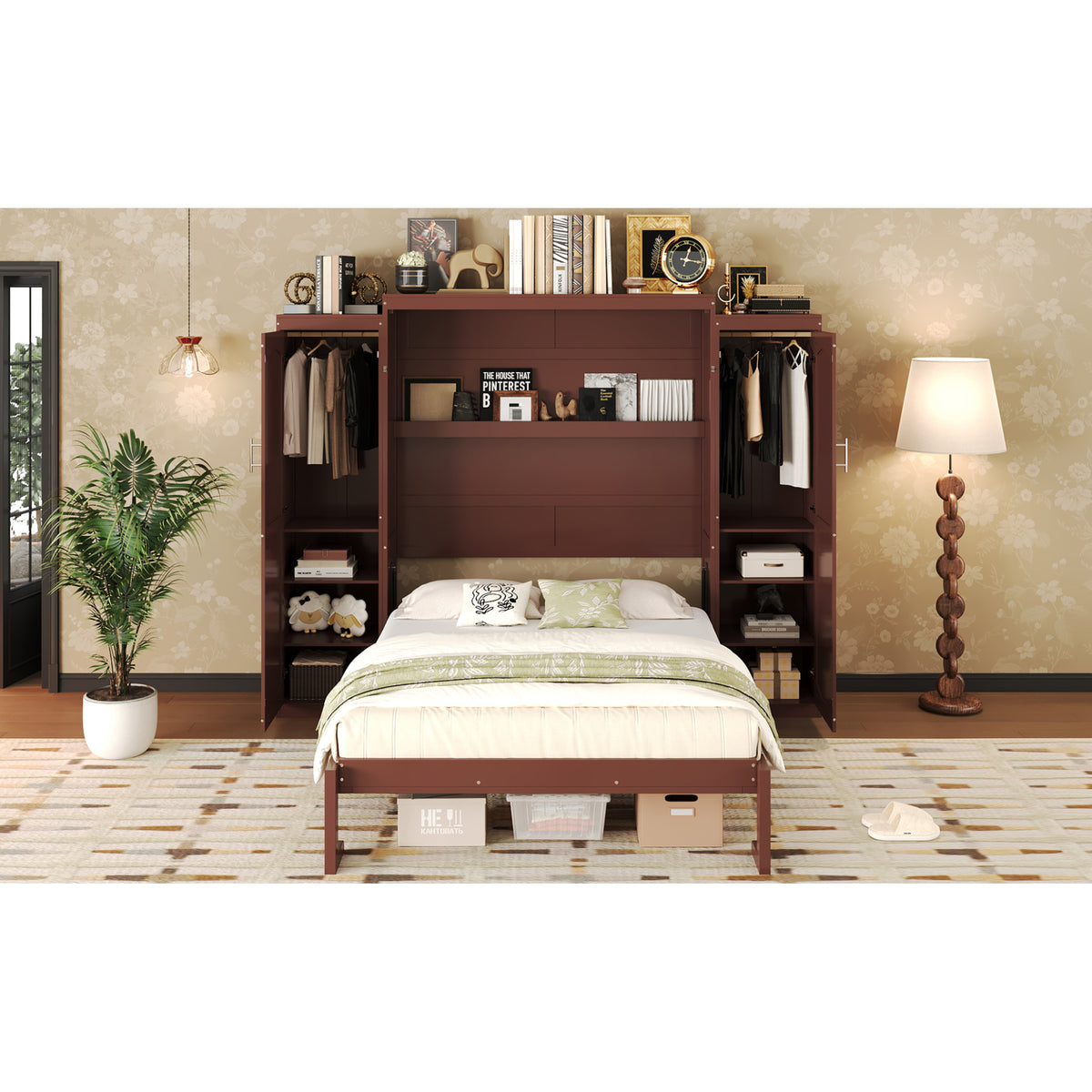 variant-group:rf-n733s235596d|Roomfitters Full Murphy Wall Bed with Two Wardrobes and Storage Shelf, Foldable Platform Bed Frame for Guest Room, Walnut