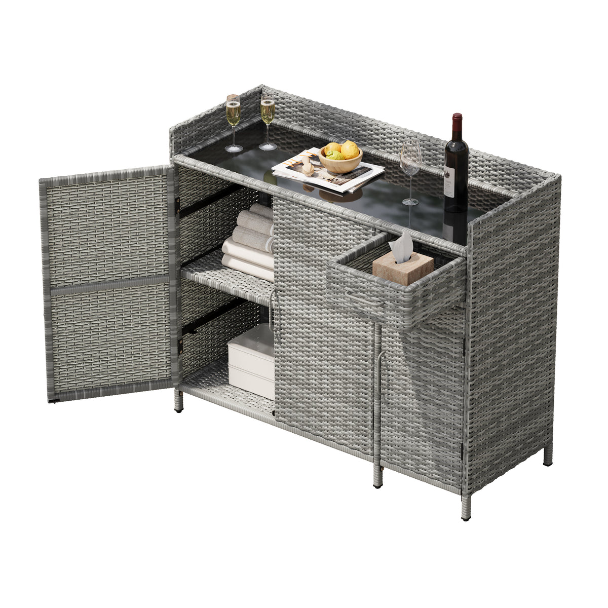 variant-group:rf-n707p233745g|Roomfitters 47.5" Wicker Outdoor Storage Cabinet, Rattan Bar Table with Glass Top, Adjustable Shelf, 3 Doors, Grey