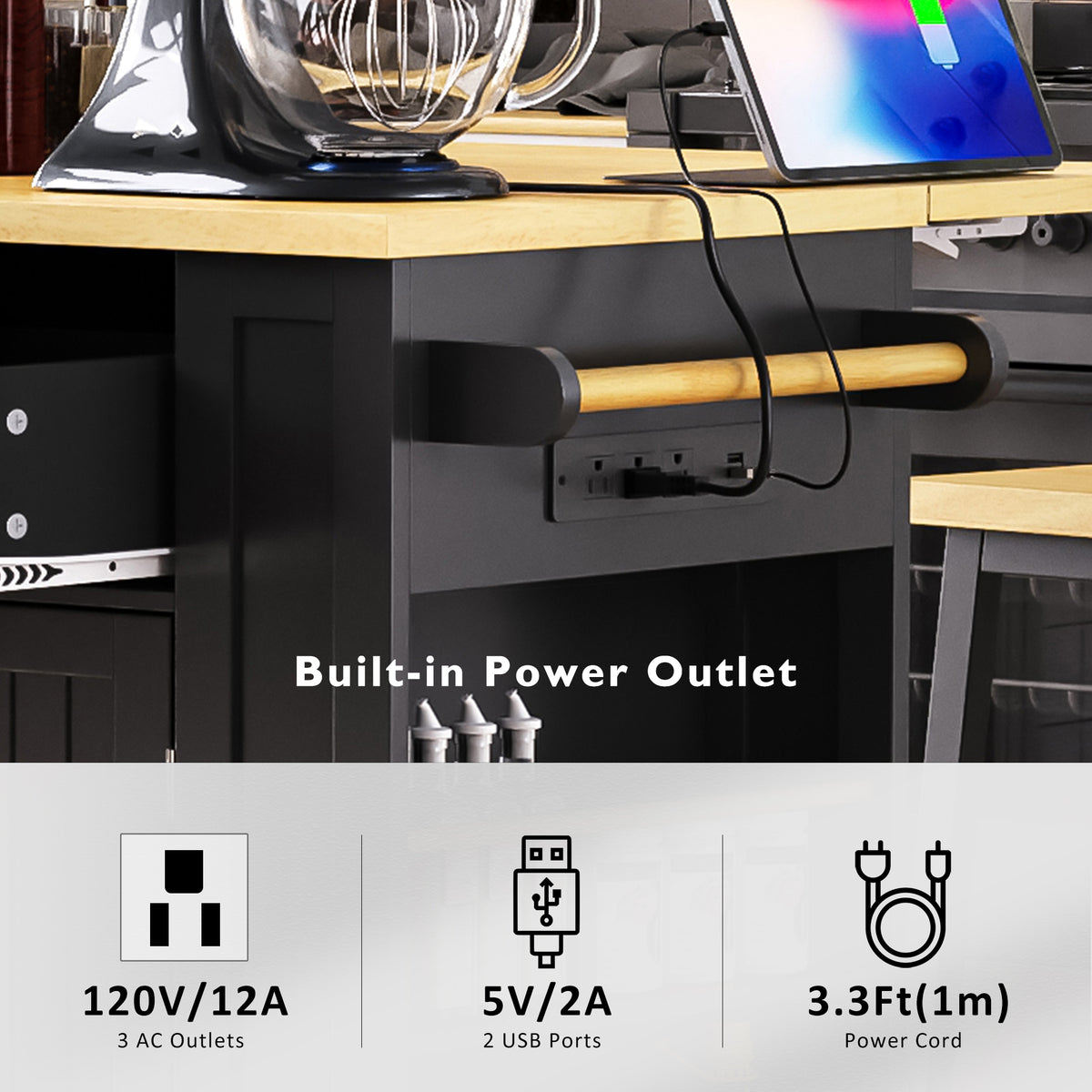 variant-group:rf-n707s257057b|Roomfitters 48" Kitchen Island with Power Outlet and Drop Leaf, Rolling Storage Cabinet with Wood Top and Spice Rack, Black