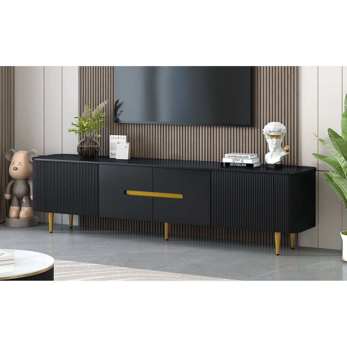 variant-group:rf-n724sj000143aab|Roomfitters Minimalist TV Stand for up to 85 Inch TV, Entertainment Center with Four Spacious Cabinets, Black