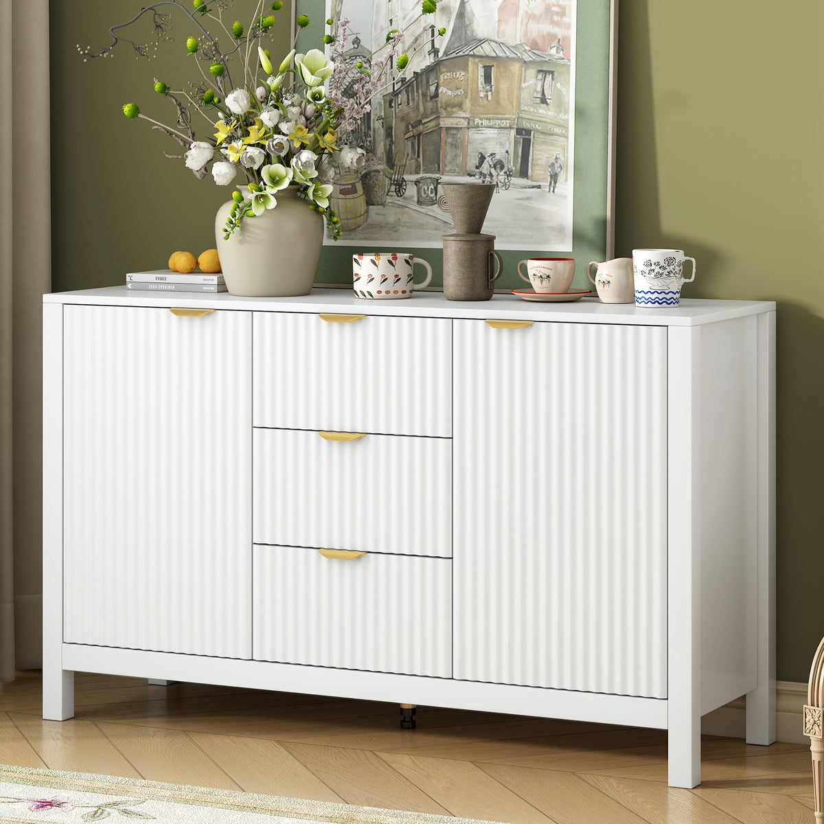 variant-group:rf-n711p269066k|Roomfitters Sideboard Buffet Cabinet with 3 Drawers, Mid-century Modern Fluted Accent Storage for Kitchen & Dining, White