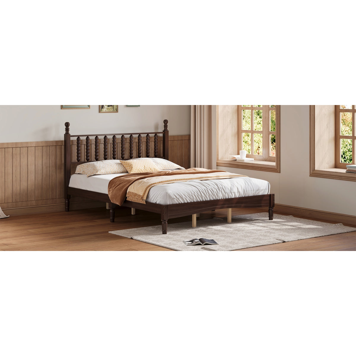 variant-group:rf-n733p206242d|Roomfitters Queen Size Wood Platform Bed with Gourd Shaped Headboard, Retro Style Platform Bed with Wooden Slat Support, Walnut