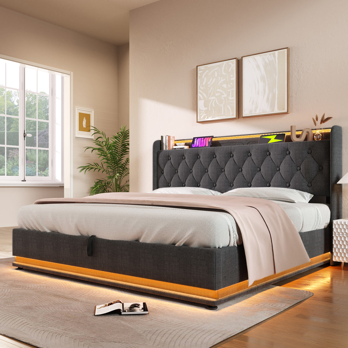variant-group:rf-n736p188808g|Roomfitters King Size Upholstered Storage Bed with USB Type-C Charging and Remote Control, Linen Gray