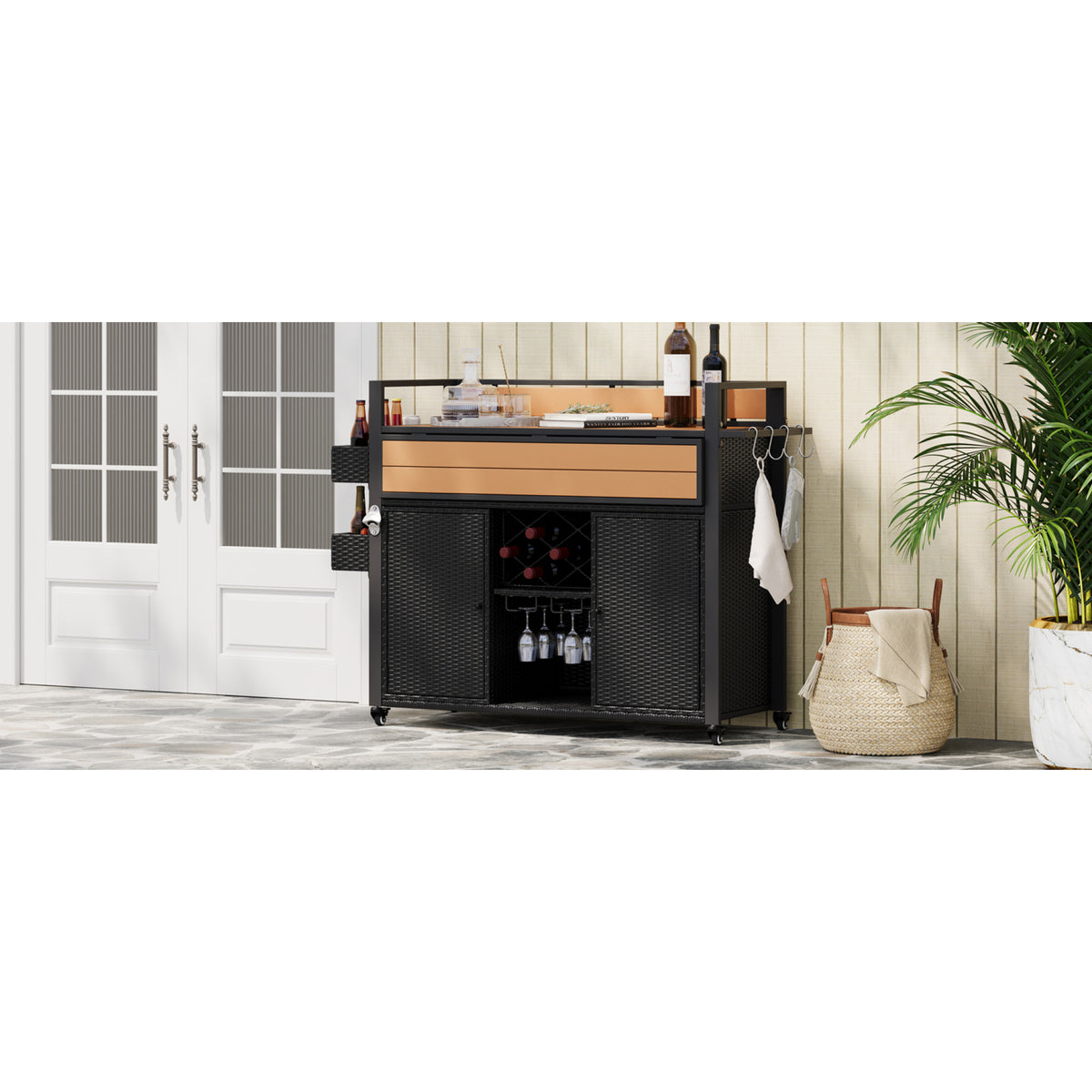variant-group:rf-n707p233747b|Roomfitters 52.8" Wicker Outdoor Grill Cart with Plastic Wood Table, Rolling Island with Storage Cabinet, Double Handles, Black Brown