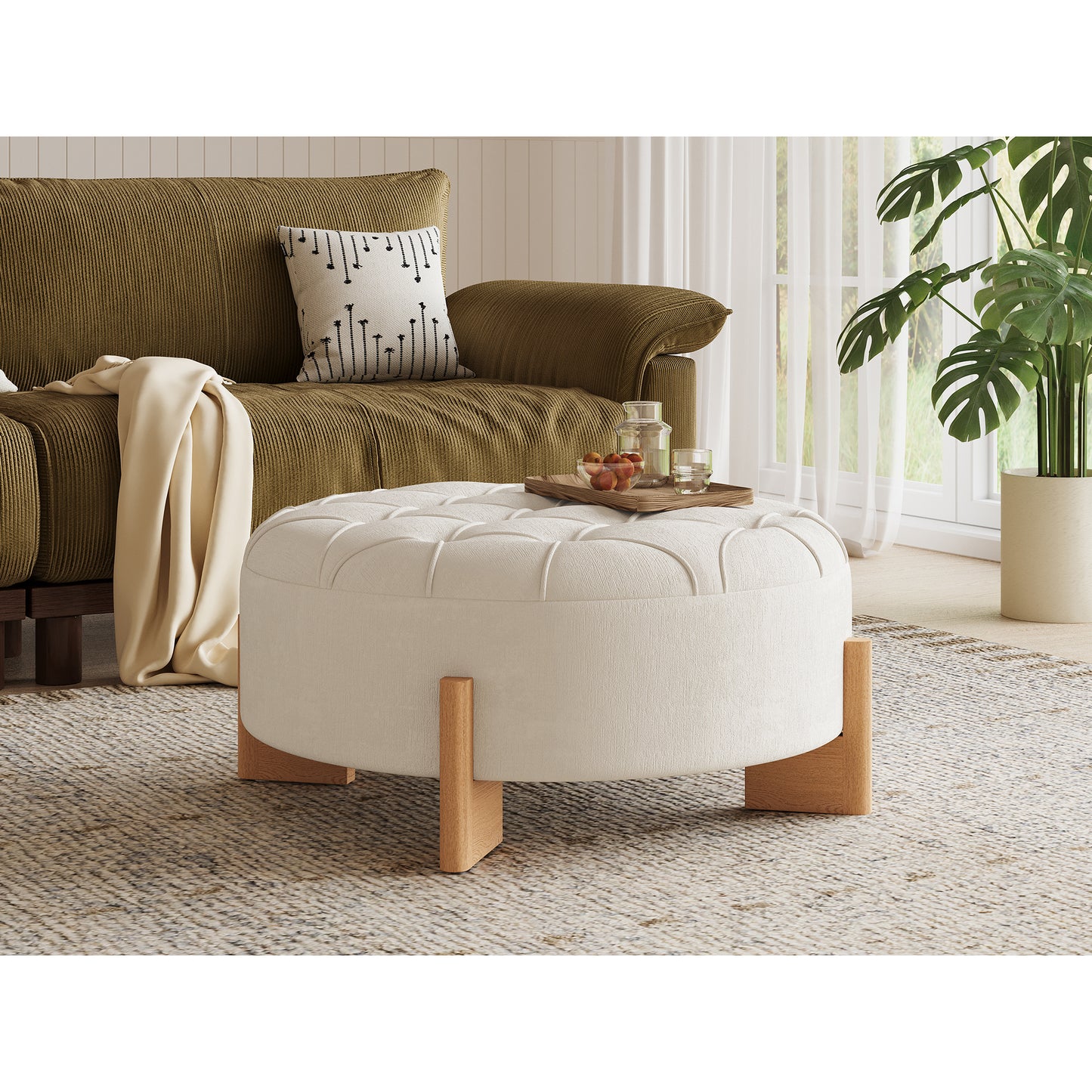 variant-group:rf-n723p405298a|Roomfitters 32 Inch Oversized Round Button-Tufted Ottoman, Upholstered Coffee Table Footrest with Wood Legs, Beige