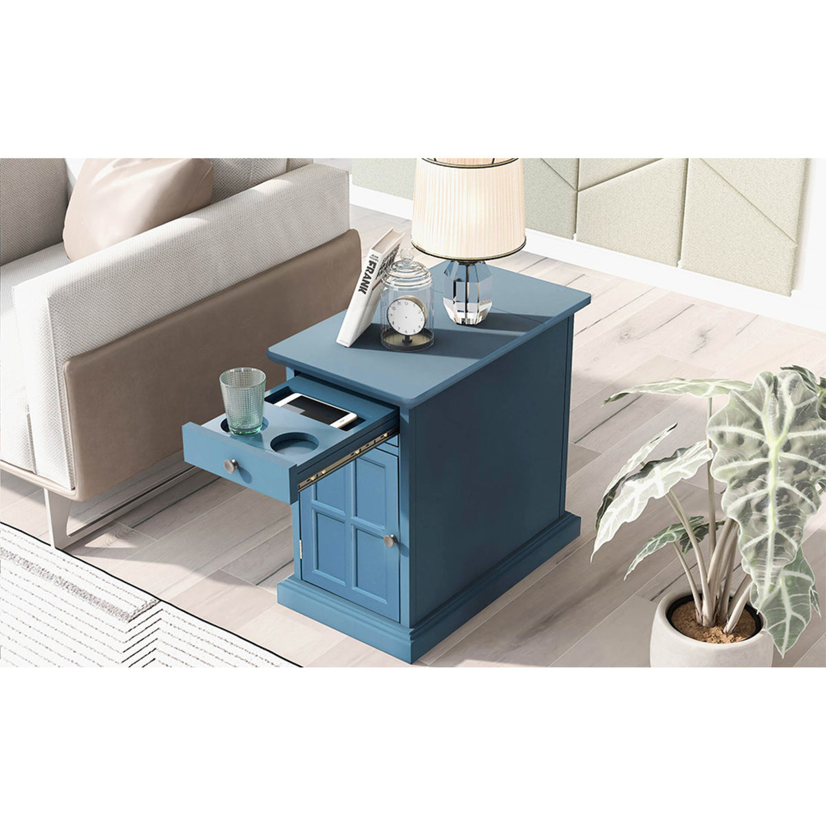 variant-group:rf-n724p185778m|Roomfitters Vintage End Table with USB Ports, Cup Holders and Multifunctional Storage for Living Room, Navy Blue