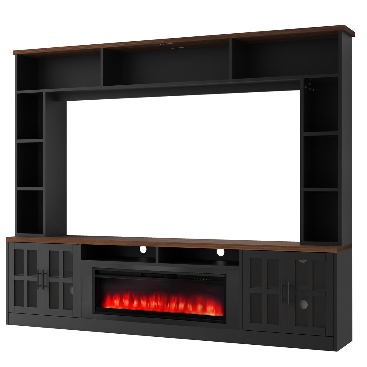 variant-group:rf-n724sj000159aab|Roomfitters 95.5"W Large Wall Unit Entertainment Center, 39" LED Fireplace, Black & Brown