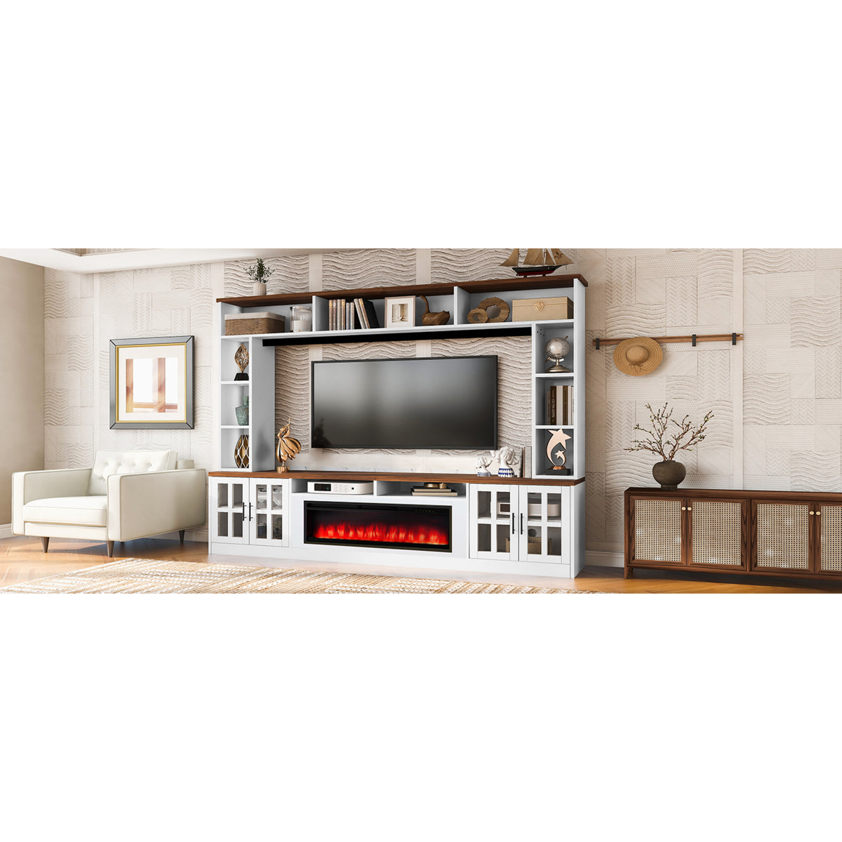 variant-group:rf-n724sj000159aak|Roomfitters 95.5"W Large Wall Unit Entertainment Center, 39" LED Fireplace, White & Walnut