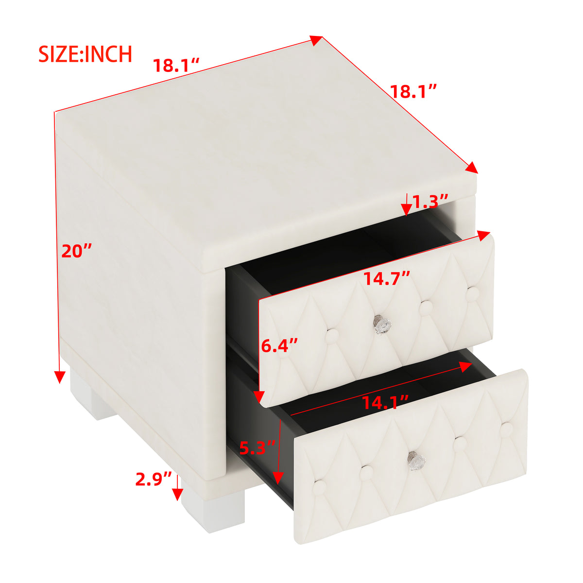 variant-group:rf-n733p210398a|Roomfitters Velvet Nightstand with Crystal Handles, Button-Tufted Upholstered Bedside Table with Two Storage Compartments, Beige