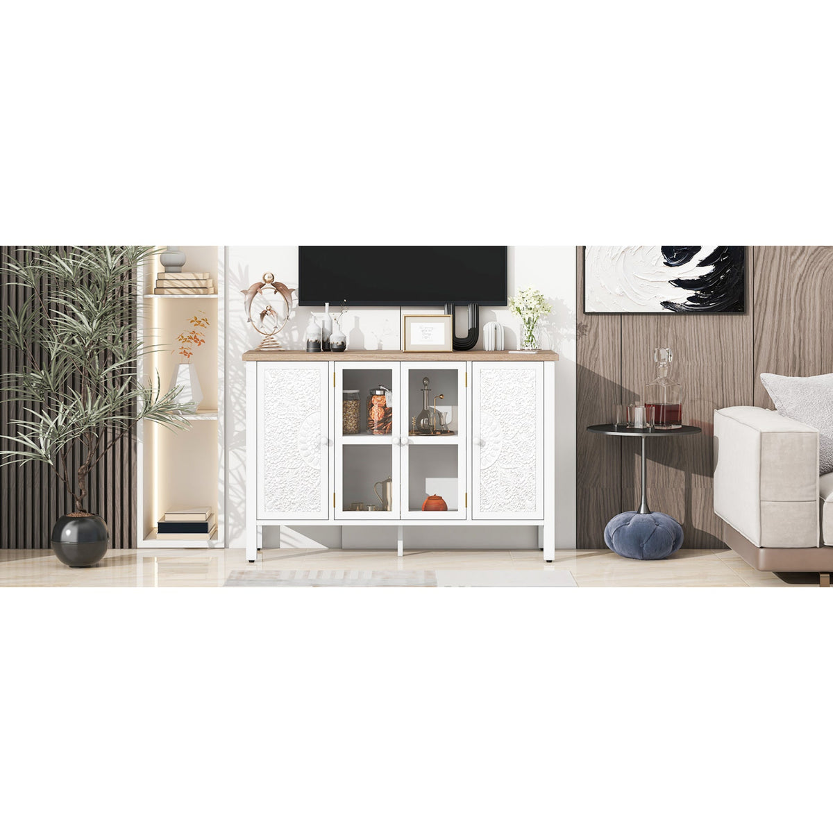 Roomfitters Retro TV Stand for up to 43 Inch TV, Media Console with Glass Cabinet Doors and Anti-Tip Safety Feature, White Roomfitters